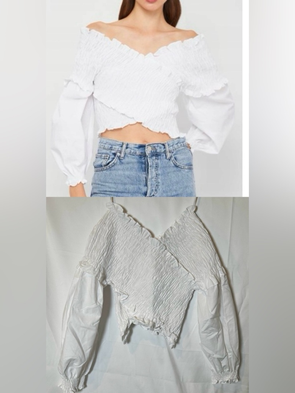 Zara White Smocked Off-Shoulder Wrap Crop Top